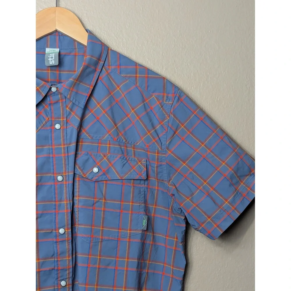 Stio Pearl Snap Shirt Mens Large Blue Orange Plaid Short Sleeve Hiking #2338